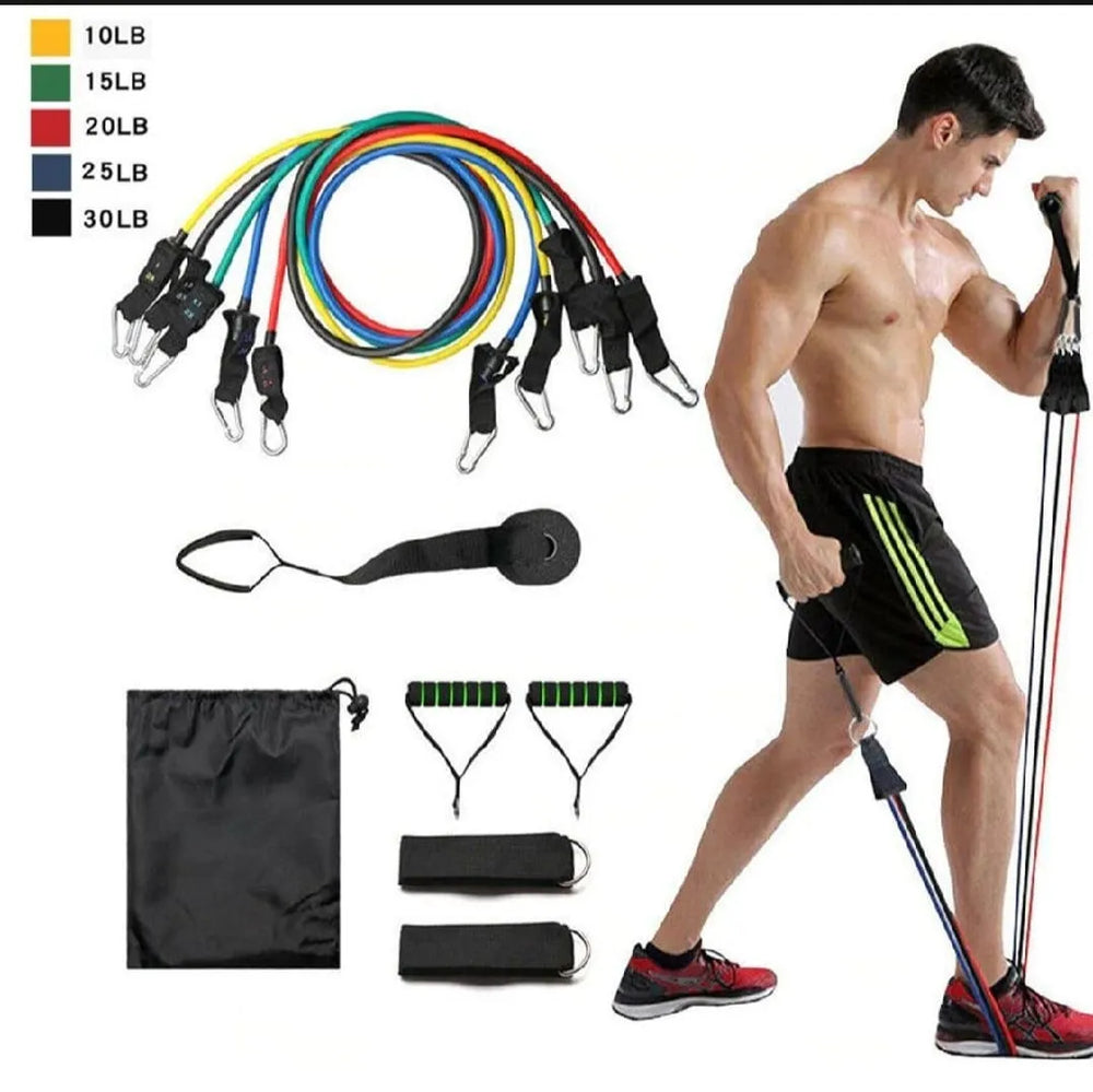 Man exercising with resistance bands and poles, with resistance band options displayed.