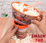 2-in-1 character snack tub and straw cup for convenient snacks and drinks on the go.