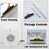 Cleaning tool with rotating brush head, packaging, and usage scenarios on a white background.