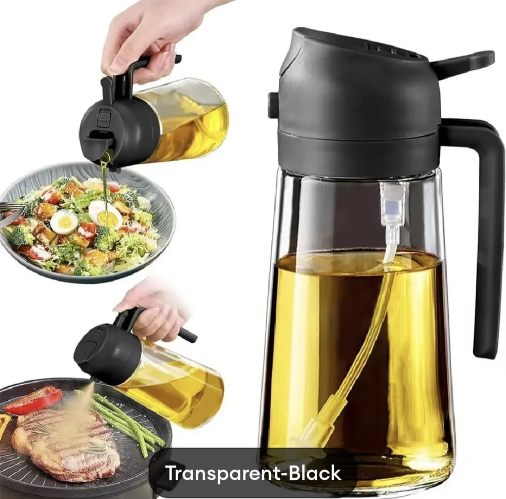 Transparent black oil dispenser being used on a salad and grill with a clear view of the oil inside.