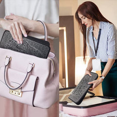 Two images: one of a pink handbag with a patterned pouch, and another of a woman holding a similar patterned pouch over a suitcase.