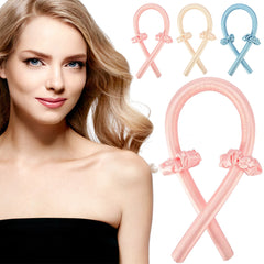 Woman with styled hair next to pink, beige, and blue hair ties with bow accents.