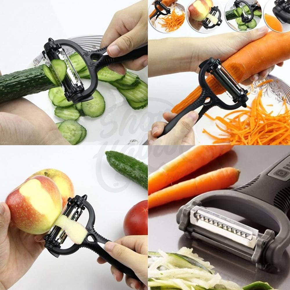 Multifunctional vegetable peeler being used on various vegetables with close-up shots.