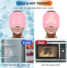 Cold and hot therapy eye mask with text and images of a refrigerator and microwave.