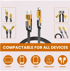 4 in 1 Data Cable – USB-C & Lightning Connectors, Braided Durable Design, Fast Charging & Data Transfer, Black with Yellow Connectors