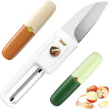 Multifunctional kitchen knife with peeler attachment on a white background