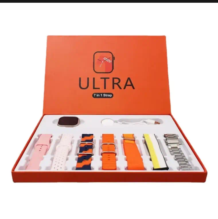 Ultra Smart Watch Bundle with 7-in-1 Interchangeable Straps, Fitness Tracker, Bluetooth Call, Heart Rate Monitor, & Wireless Charging Case