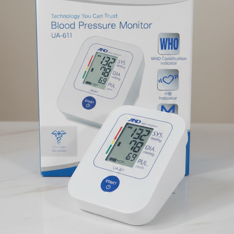 Blood pressure monitor with digital display on a white surface, featuring WHO classification indicator.