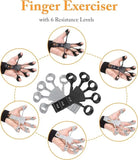 Finger exerciser with 6 resistance levels shown on a white background