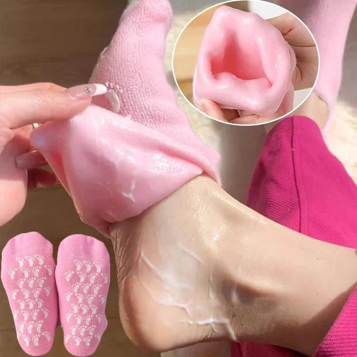 Pink silicone foot-shaped product with a close-up inset, being worn on a foot.