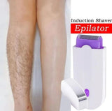 Induction Shaver Epilator with a leg showing hair removal before and after use.