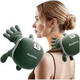 Woman using green massage gloves on neck and shoulders