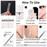Instructional collage titled 'How To Use' showing a set of anti-inflammatory acne needles, including product details, needle sizes, step-by-step usage instructions with illustrated and real close-up photos, and care/cleansing guidance.