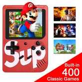 Red handheld gaming console with Mario character and 'Sup' text, featuring built-in 400 classic games.