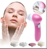 Woman using a pink facial cleansing brush with close-up inset and additional brush heads displayed.