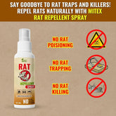 Mitex rat repellent spray bottle with text on a brown background
