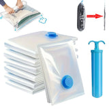 A stack of translucent plastic vacuum storage bags with blue valve caps, shown alongside a blue manual pump and a small inset demonstrating the bag being packed.