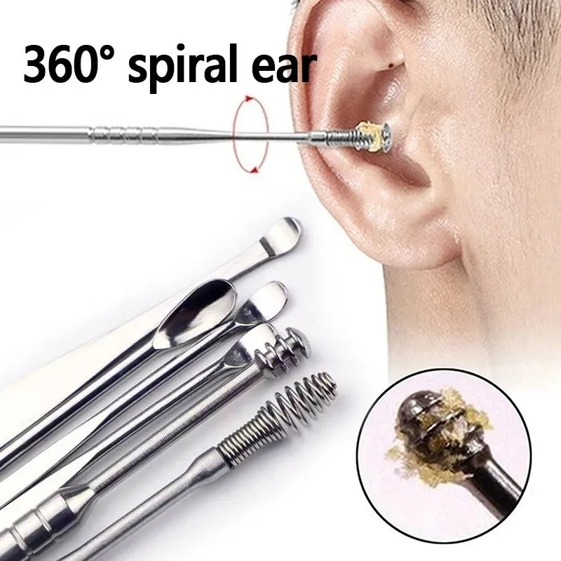 Ear cleaning tool with 360-degree spiral design shown being used on an ear, with additional tools and collected ear wax displayed.