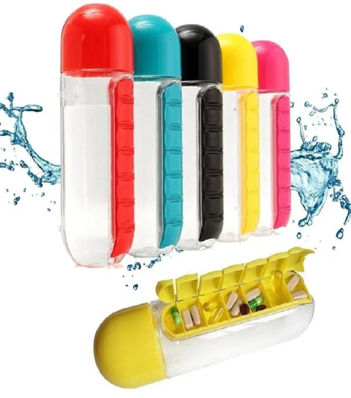 7-day pill organizer water bottle with a 600ml capacity for convenient daily hydration and medication storage.