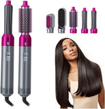 Hair styling tool with attachments and a model with styled hair on a white background