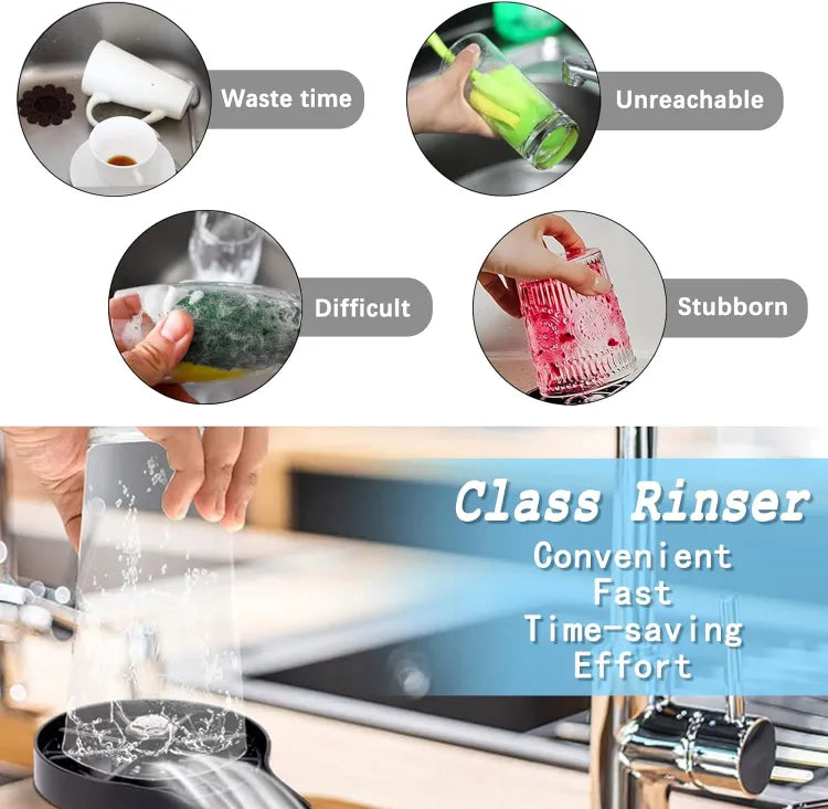 Product advertisement for a Class Rinser with images of cleaning challenges and its benefits.