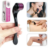 Black derma roller with purple head, packaging, and usage on skin.