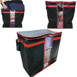 Foldable storage bag for blankets, clothes, and wardrobe organization with a space-saving design.