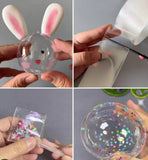 Step-by-step process of decorating a clear plastic bunny with glitter and other embellishments.