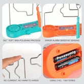 Orange and turquoise skin polishing device with batteries and text on a gray background
