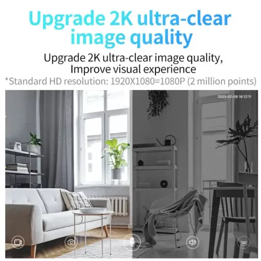 Living room with text overlay about 2K ultra-clear image quality
