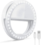 White LED ring light with USB cable on a white background