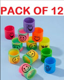 Pack of 12 colorful plastic cups with smiley face designs on a light blue background.