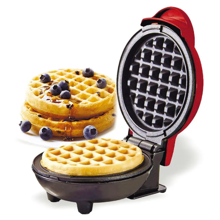 Waffle maker with a stack of blueberry waffles on a white background