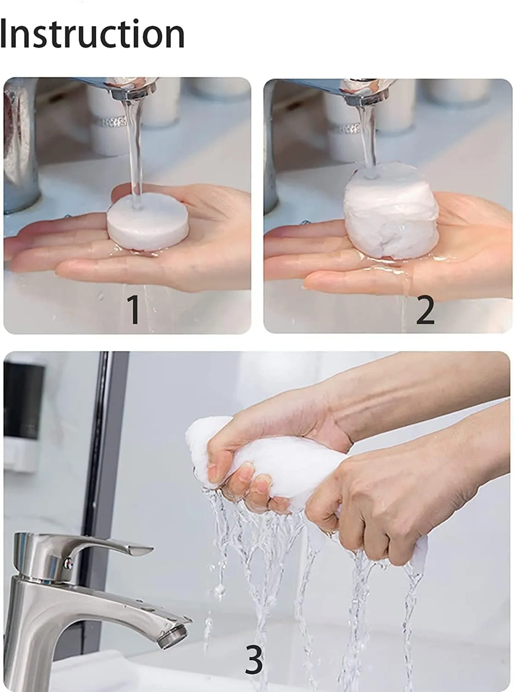 Instructions on how to use a soap dispenser with hands under running water.