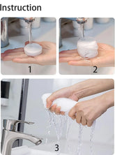 Instructions on how to use a soap dispenser with hands under running water.