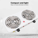 Double coil electric hot plate cooking stove for preparing meals at home, dorms, and offices.