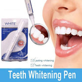 Teeth whitening pen with packaging and close-up of teeth showing white teeth.