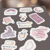 Decorative Ramadan Mubarak sticker pack with 12 festive designs for gifts, crafts, and decorations.