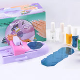 A nail art kit displayed on a white surface, including a pink and lavender nail drill machine, a CD, several nail polish bottles in white, orange, yellow, and blue, and blue hexagonal nail stickers.