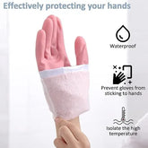 A pink heat-resistant protective glove with a white cuff is shown being worn on a hand, with text and icons highlighting waterproof, non-stick, and temperature-isolating features.
