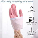 A pink heat-resistant protective glove with a white cuff is shown being worn on a hand, with text and icons highlighting waterproof, non-stick, and temperature-isolating features.