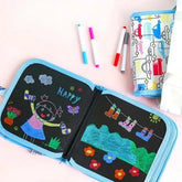 Children's drawing book with colorful drawings and markers on a light pink background