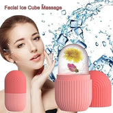Facial ice cube massage tool with ice cube and water droplets on a white background