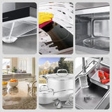 Collage of kitchen appliances and items including a microwave, oven, and sink.