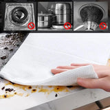 White paper towel being used to clean a spill on a surface with inset images showing improper cleaning methods.