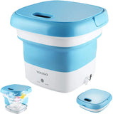 Blue and white portable washing machine with additional small containers on a white background