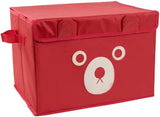 Red storage box with a bear face design on a white background