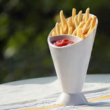 French fry holder with a built-in ketchup dipping cup for convenient snacking.
