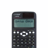 Black scientific calculator with 'Syntax Error' displayed on the screen, brand 'Citizen' visible.