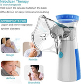Nebulizer device with text on its uses and features, including images of people with respiratory issues.
